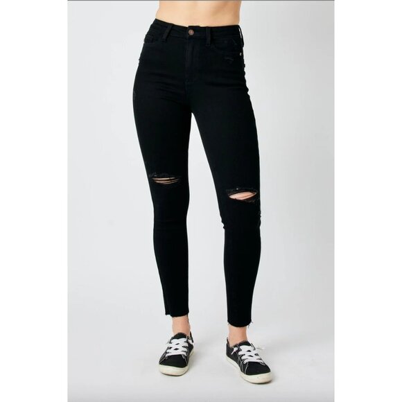 Judy Blue Black Distressed  Skinny Jean Casual Women Size 31Raw Hem - Picture 1 of 12